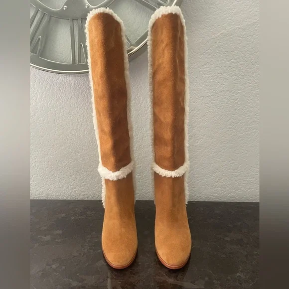 NWOB LAUREN Ralph Lauren Brown Suede Knee-High Boots w/Cream Shearling Trim 5.5B - Picture 3 of 11